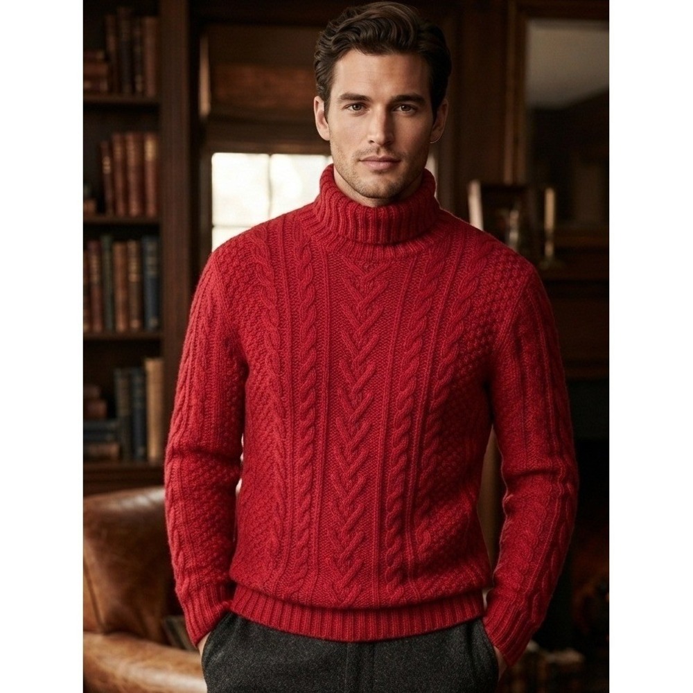 J.Crew 100% Wool Cable Knit Turtleneck Sweater Men's M Red Heavyweight Winter